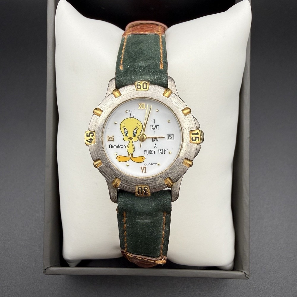 Vintage 1993 Armitron Tweety Bird Looney Toons Watch 2200/52 Brown Green Leather